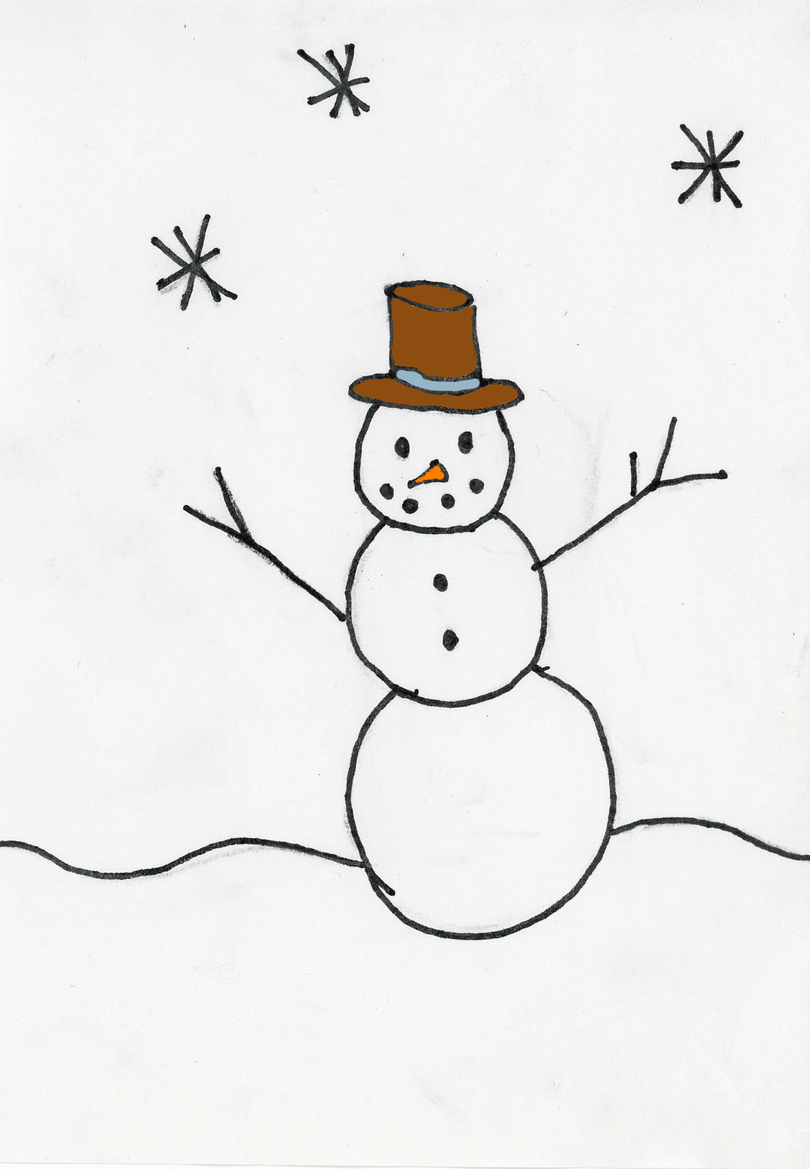 snowman with a hat that is rising from his head